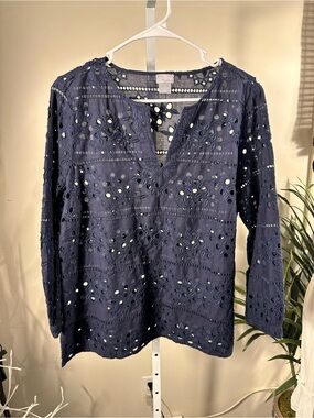 S129. Chico's Navy Eyelet Long Sleeve Top